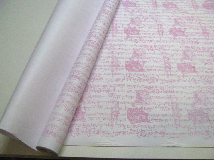 Крафт-бумага "Ноты" рисунок розовый на белом / рулон